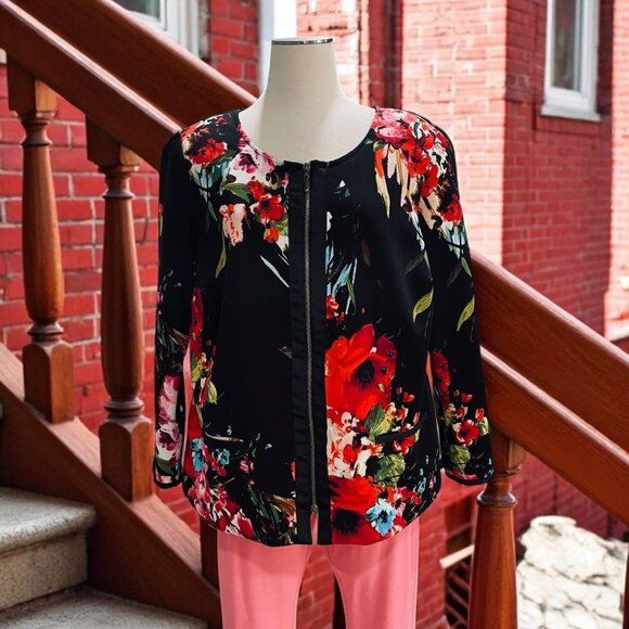 Igigi Floral Zip Jacket Womens Size 12 Black Red Poppy Print Lightweight Blazer - Picture 1 of 11